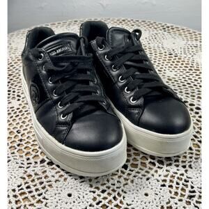 GBG Guess Shoes Womens Sz 7.5M Casual Sneakers Black Faux Leather Low Top 3343